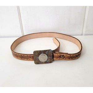 Tooled Leather Belt with Kennedy Coin Buckle